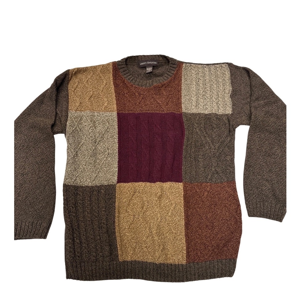 VTG Liberty Sweaters Patchwork Cable Knit Brown Multi Color Cotton Blend M Mens